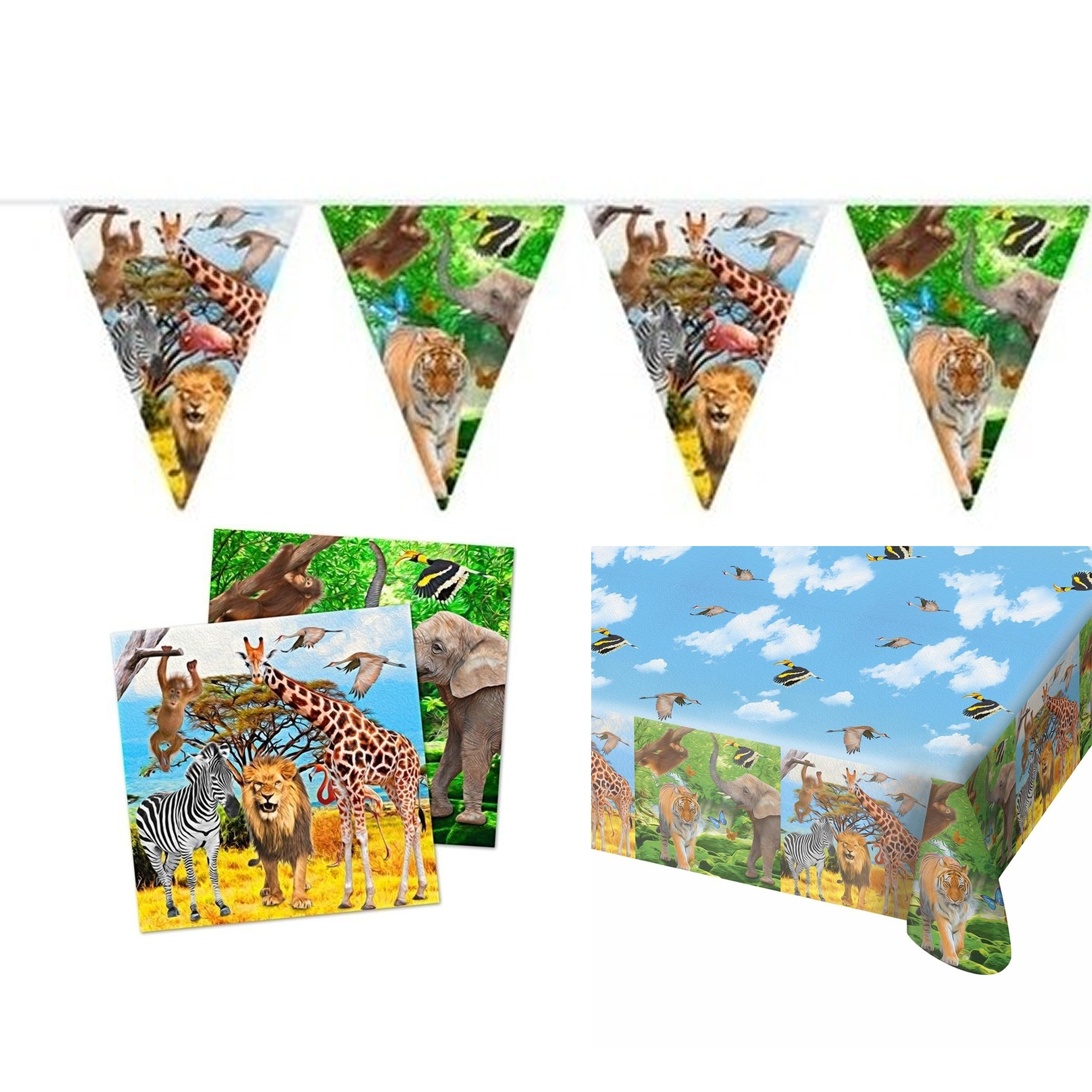 Kinderverjaardag/kinderfeestje tafel dekken set tafelkleed/servetten/vlaggetjes Jungle thema - Voor 6 tot 10 kids