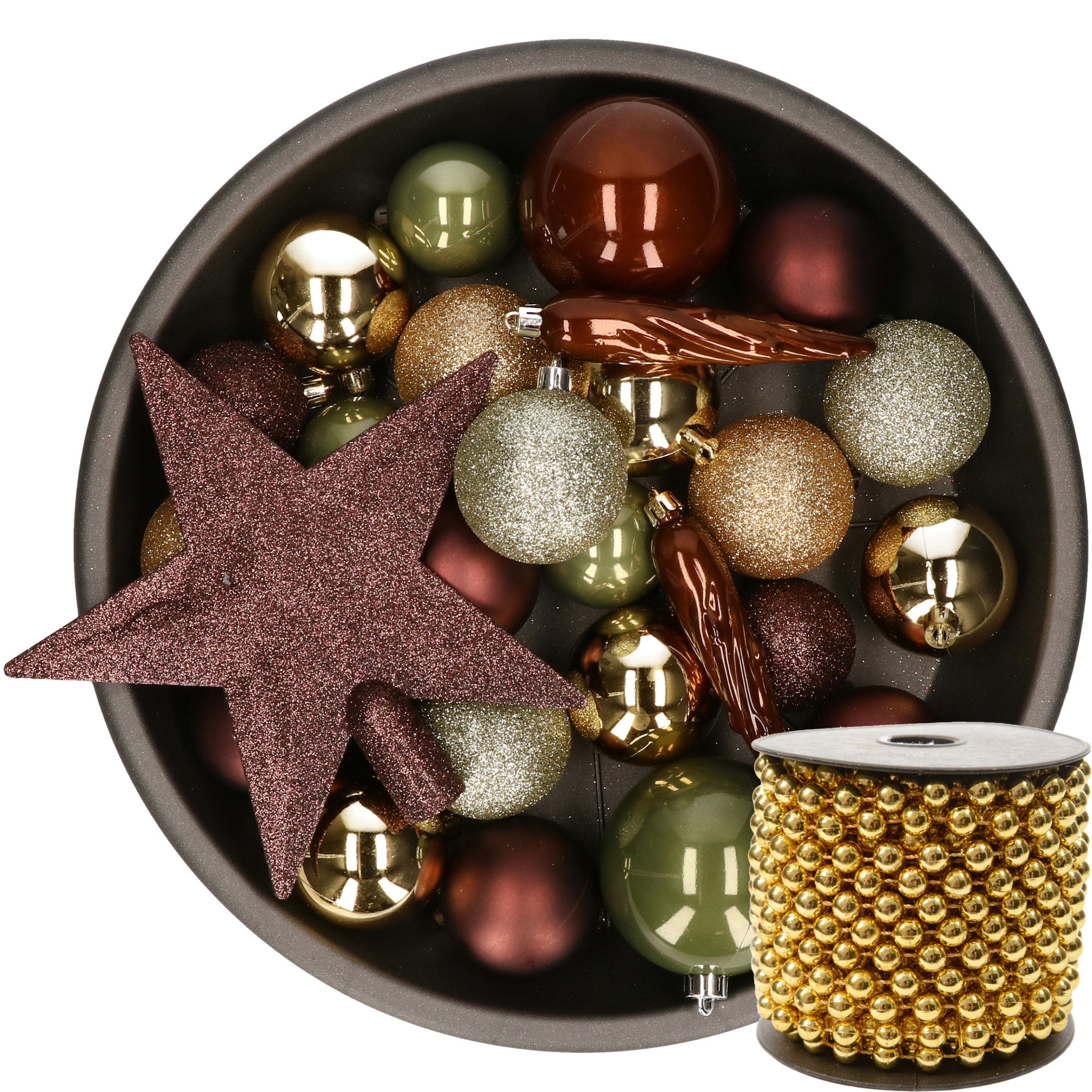 33x st kunststof kerstballen en piek-bruin-goud-groen -en kralenslinger goud