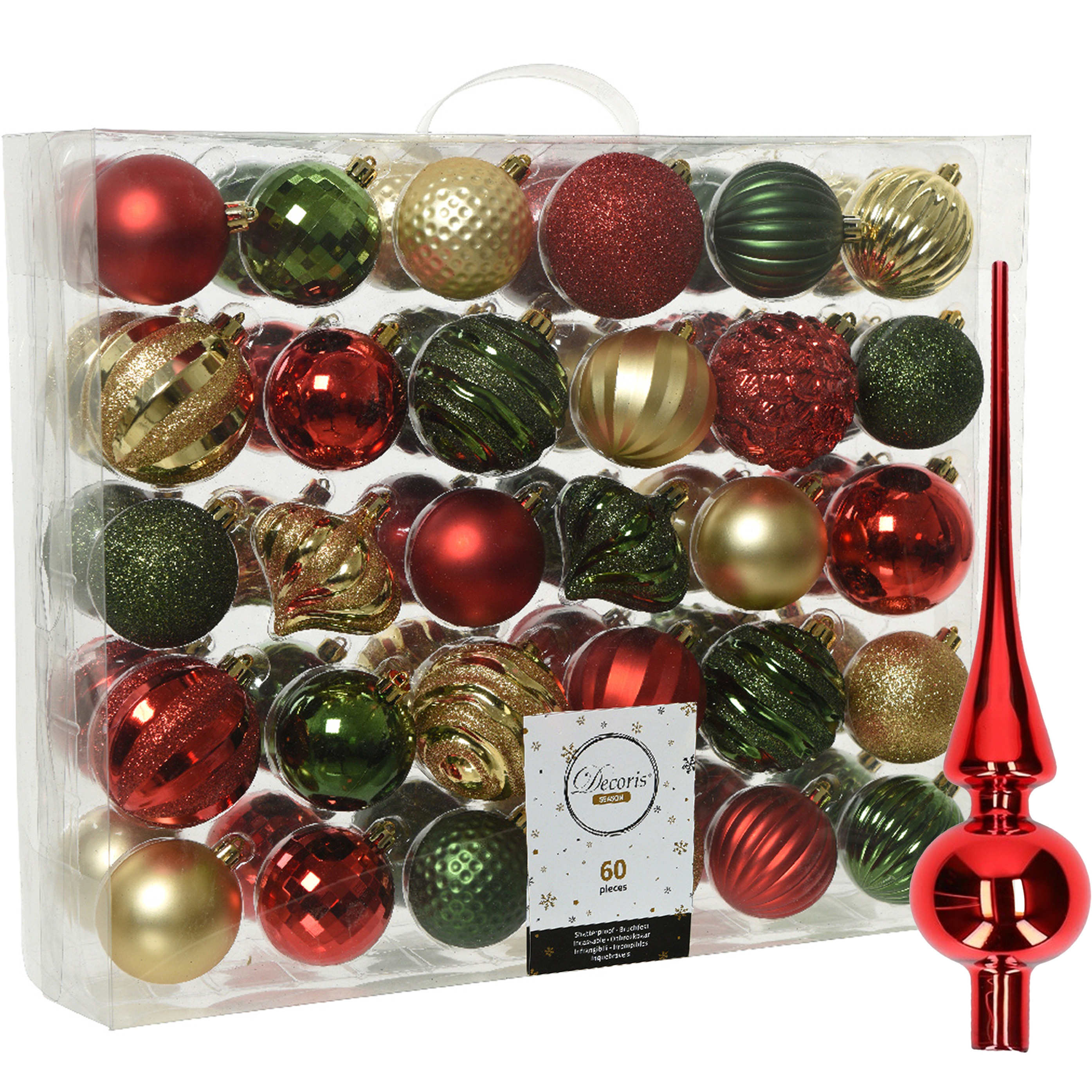 Kunststof kerstballen 60x stuks 6-7 cm met glazen piek rood-goud-groen -