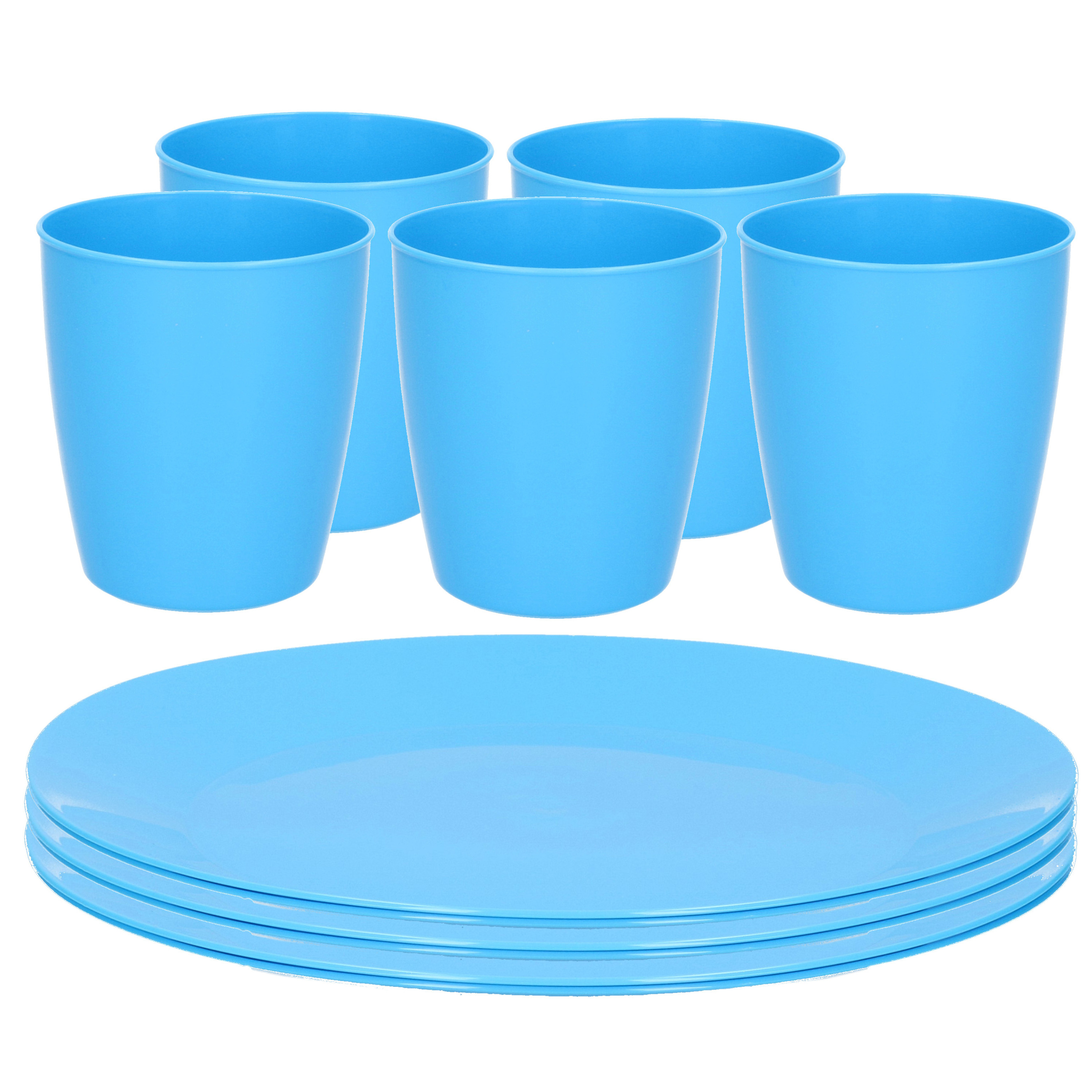 Kunststof ontbijt/diner 6x bordjes 26 cm en 5x bekertjes 300 ML set blauw -