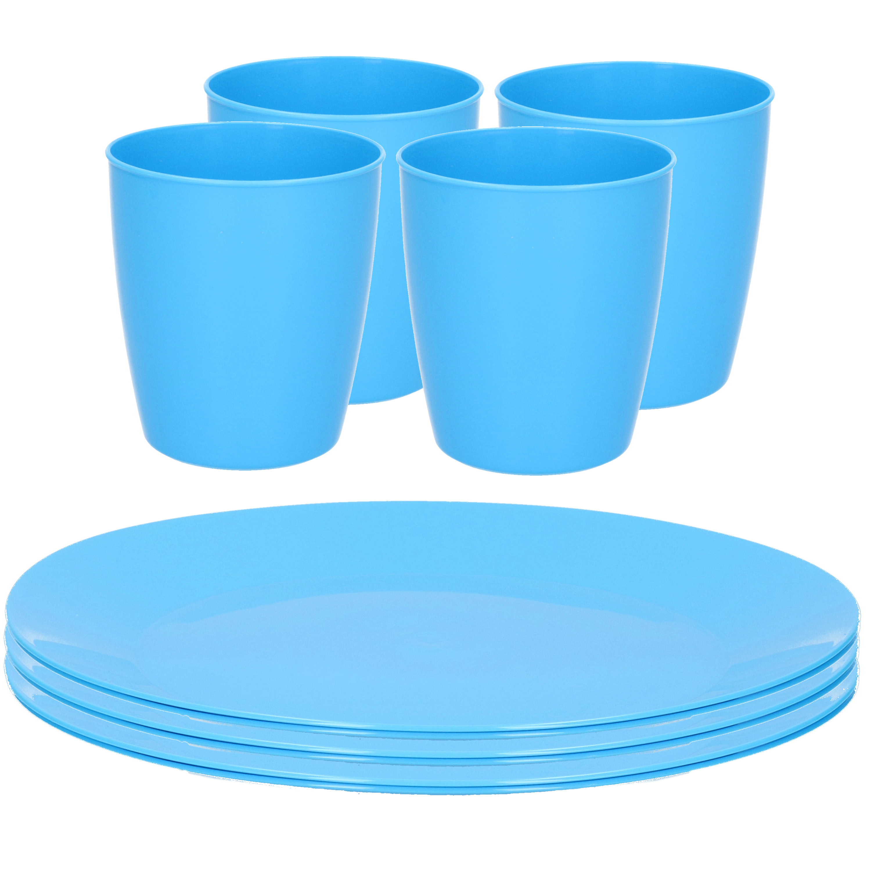 Kunststof ontbijt/diner 8x bordjes 26 cm en 8x bekertjes 430 ML set blauw -