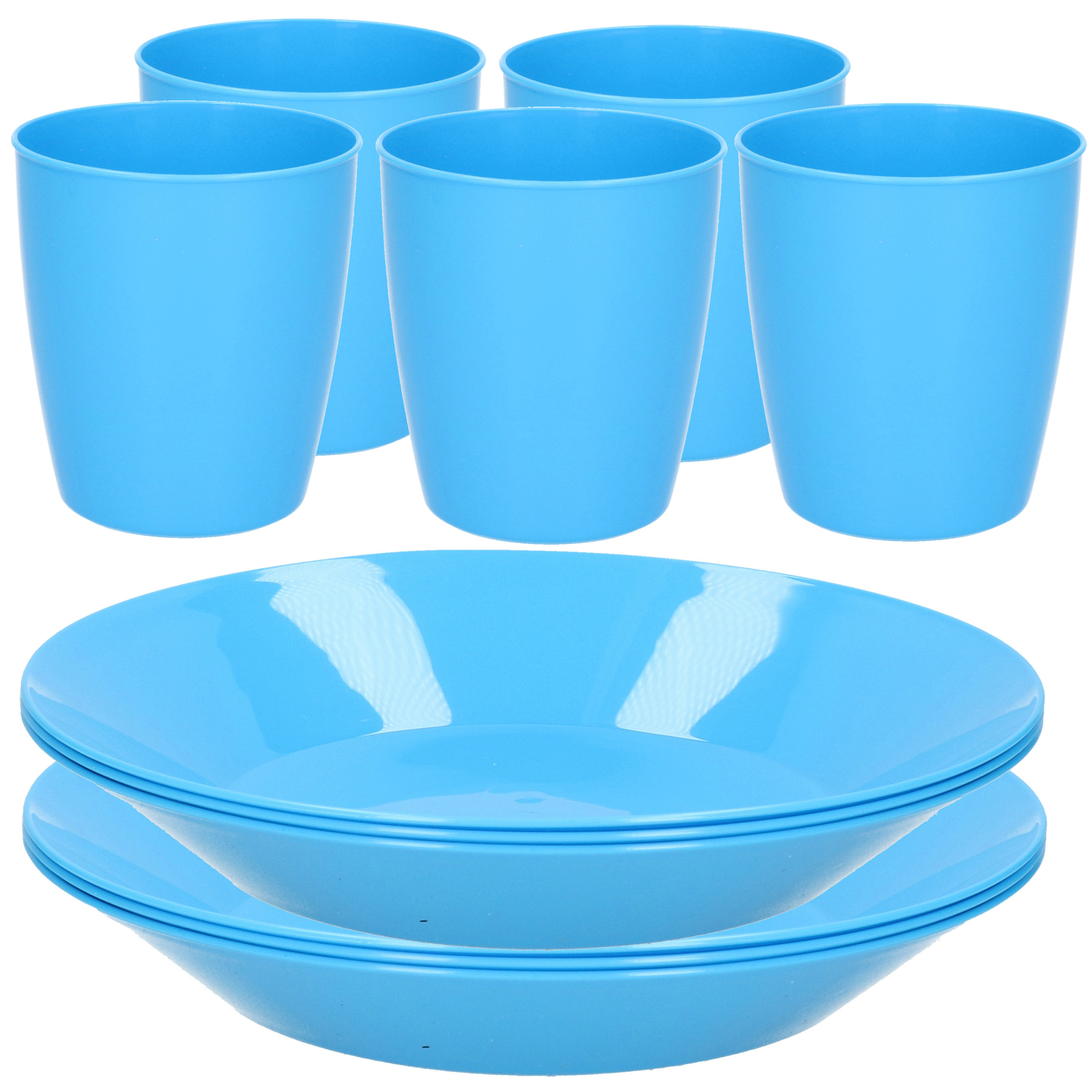 Kunststof ontbijt/diner 9x diepe bordjes 21 cm en 10x bekertjes 300 ML servies set in kleur blauw