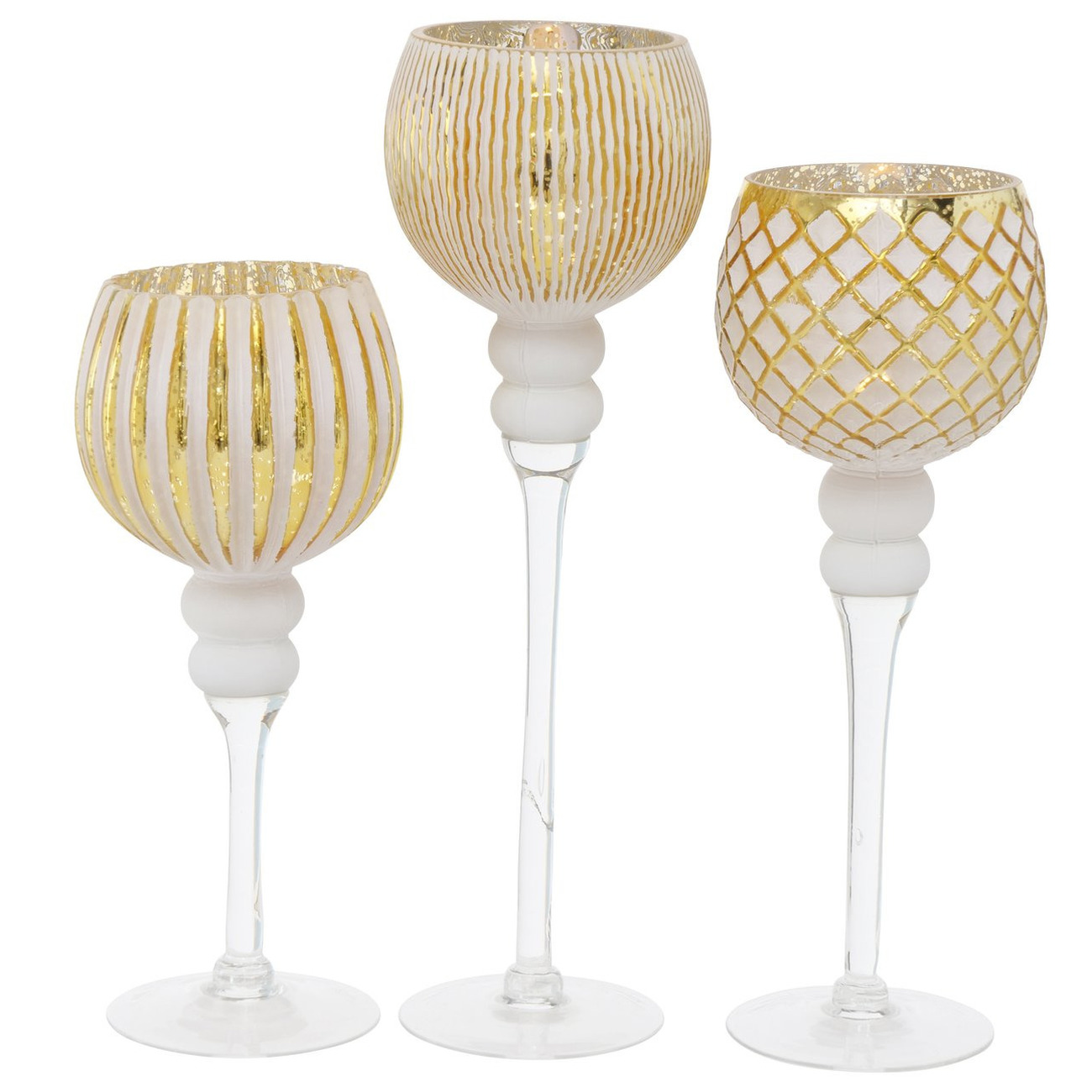 Luxe glazen design kaarsenhouders/windlichten set van 3x stuks goud/wit transparant 30-40 cm -