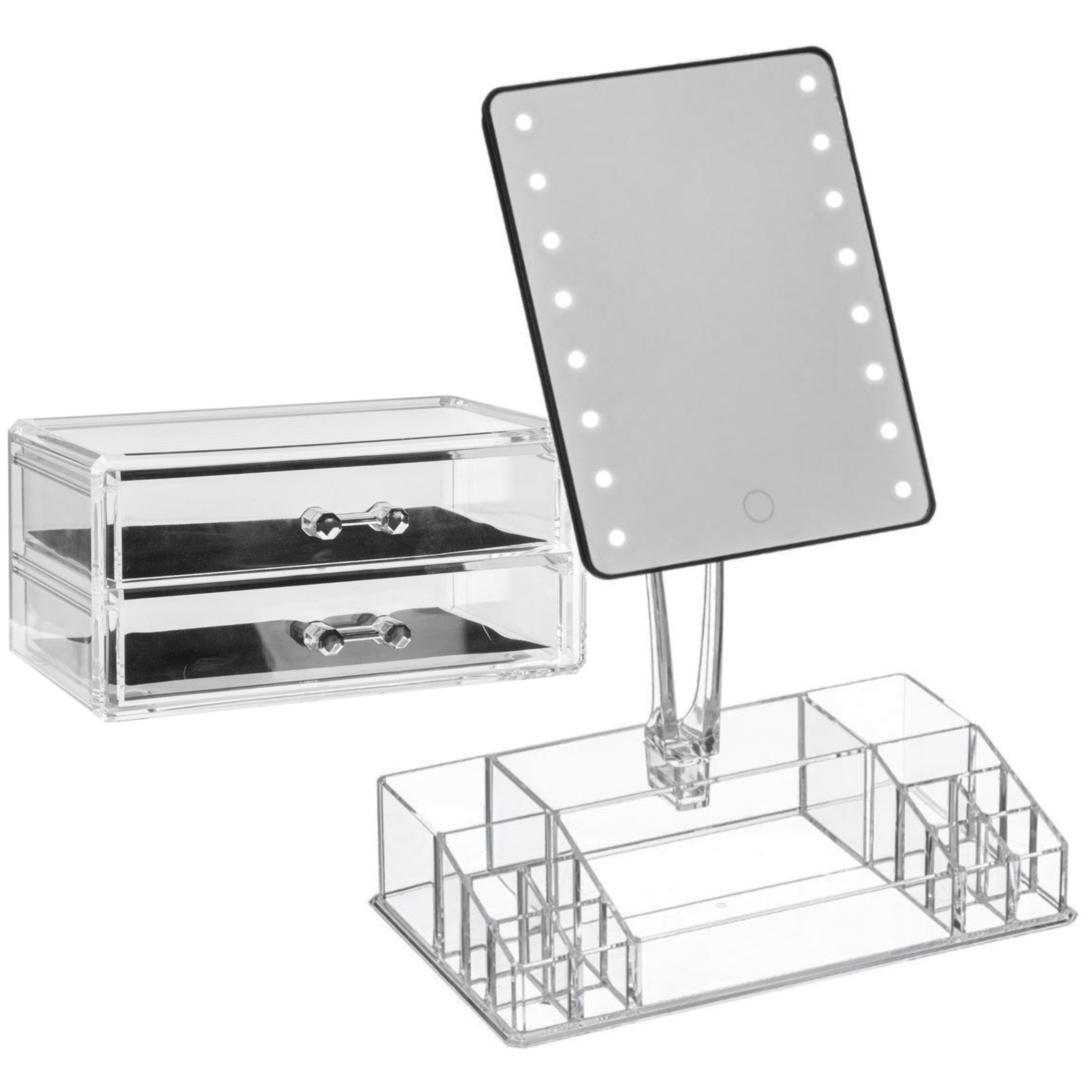 Make-up organizer set vakjes en lades 19 x 9 cm en een LED spiegel set 28 x 16 x 38 cm