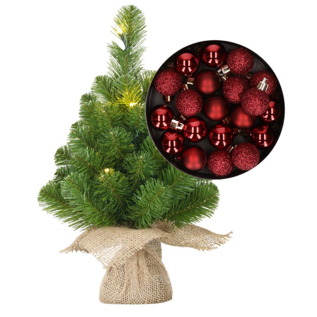 Mini kerstboom/kunstboom met verlichting 45 cm en inclusief kerstballen donkerrood -
