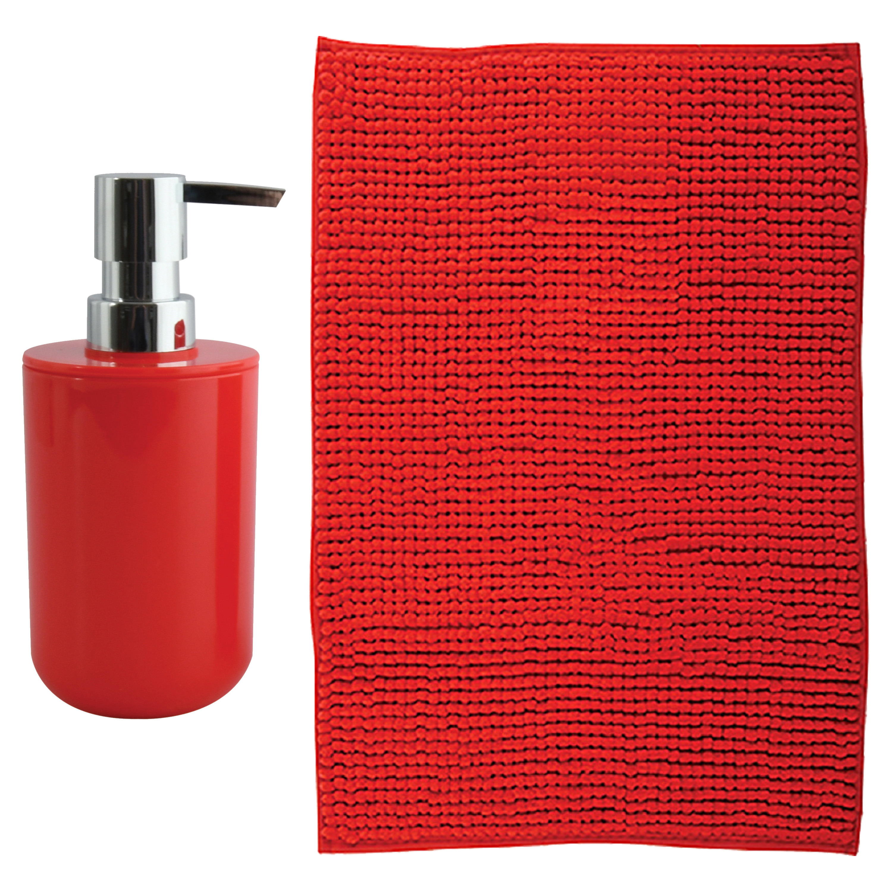MSV badkamer droogloop mat - Genua - 50 x 80 cm - met bijpassende kleur zeeppompje - rood