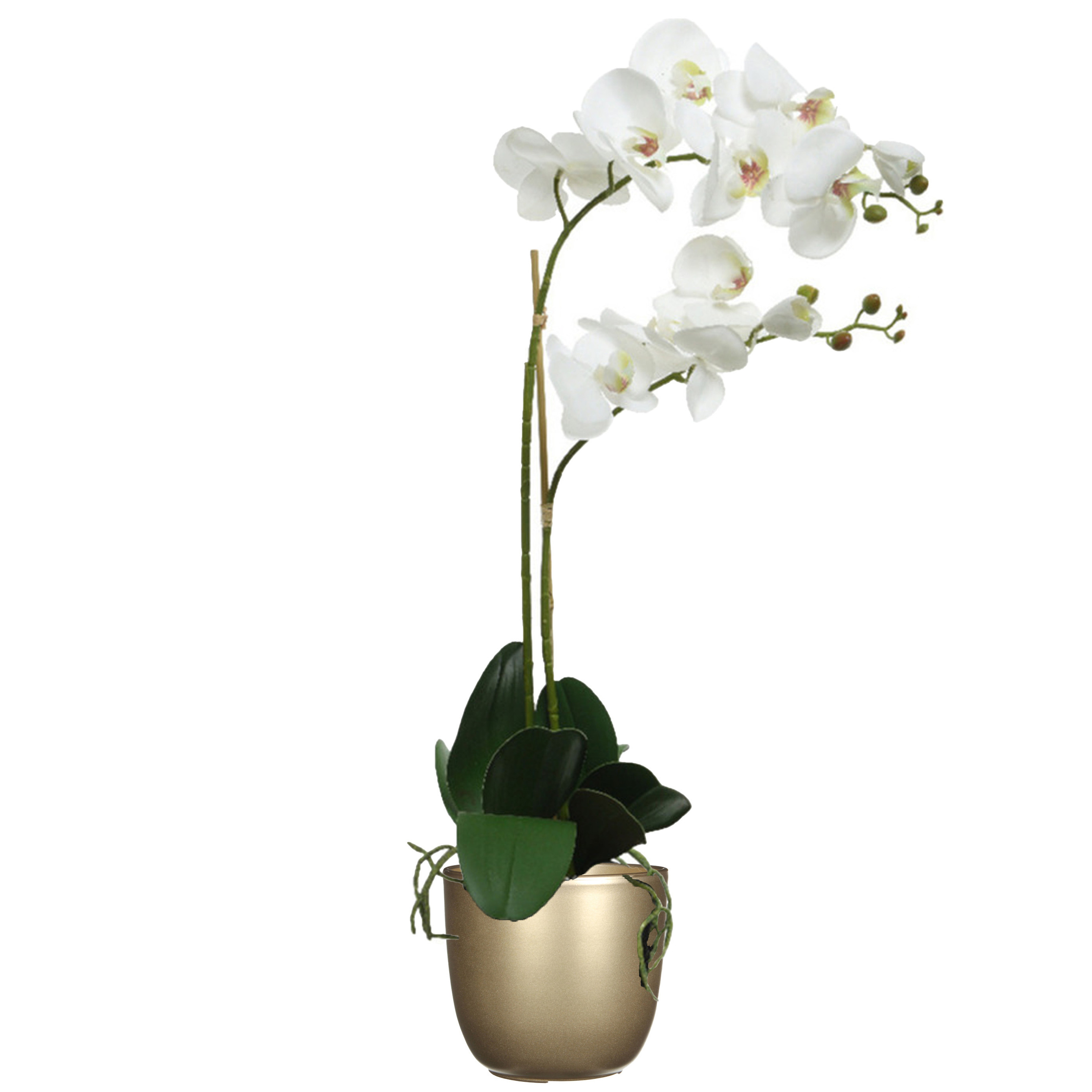Orchidee kunstplant wit - 62 cm - inclusief bloempot goud glans - Kunstbloemen in pot