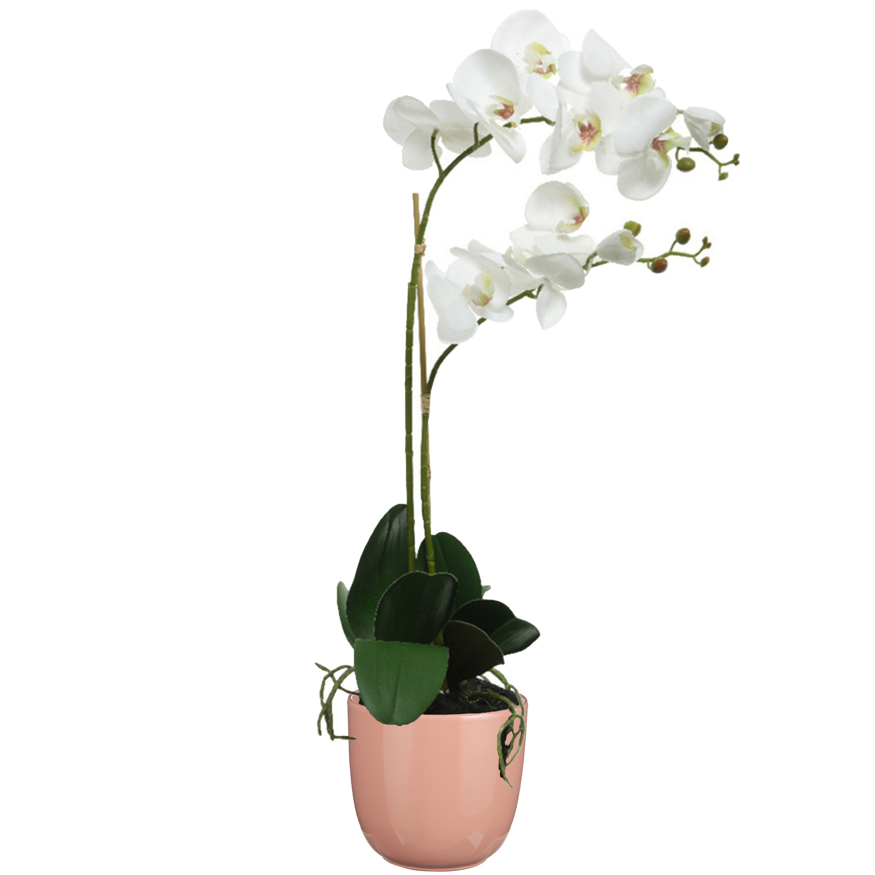 Orchidee kunstplant wit - 62 cm - inclusief bloempot lichtroze glans - Kunstbloemen in pot