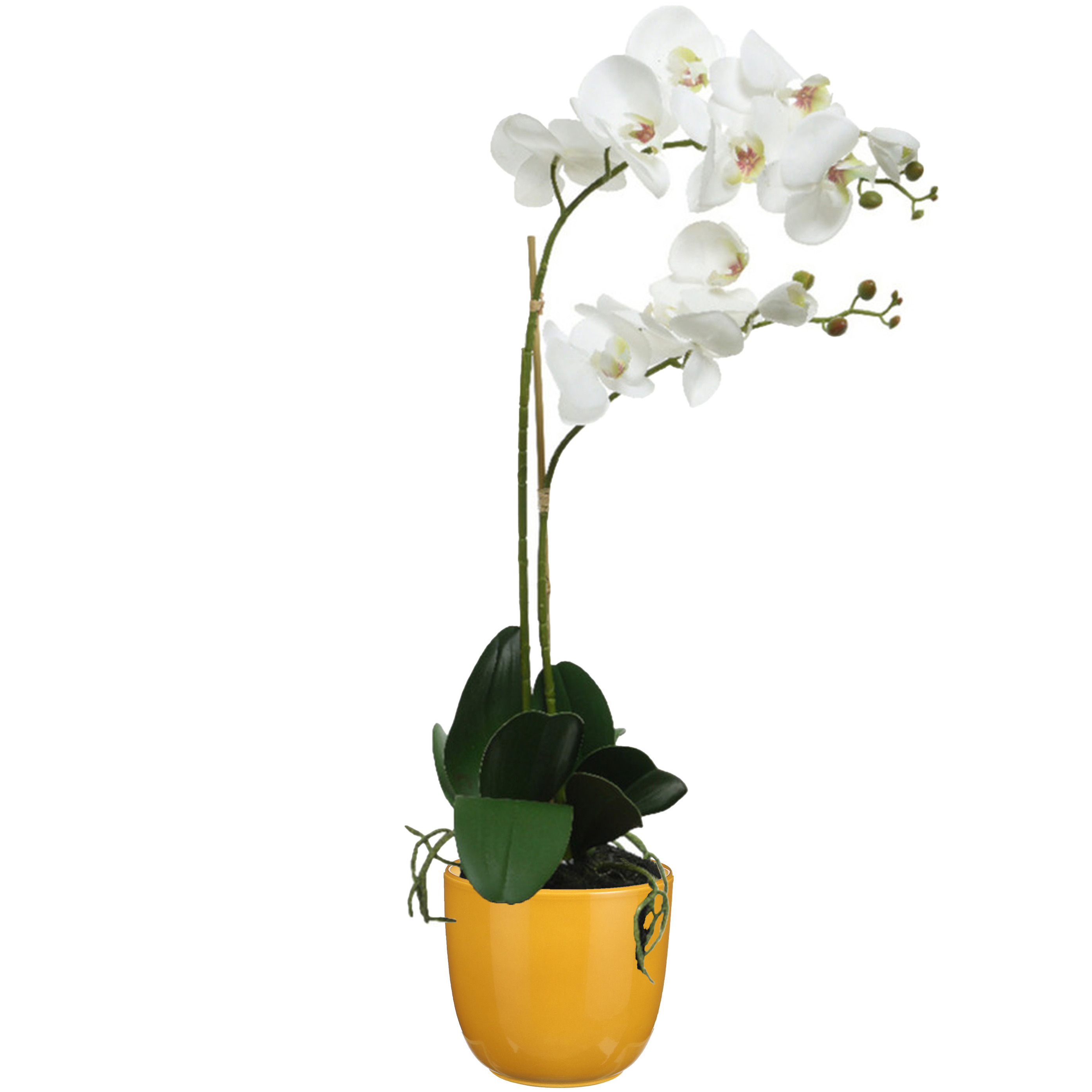 Orchidee kunstplant wit - 62 cm - inclusief bloempot okergeel glans - Kunstbloemen in pot