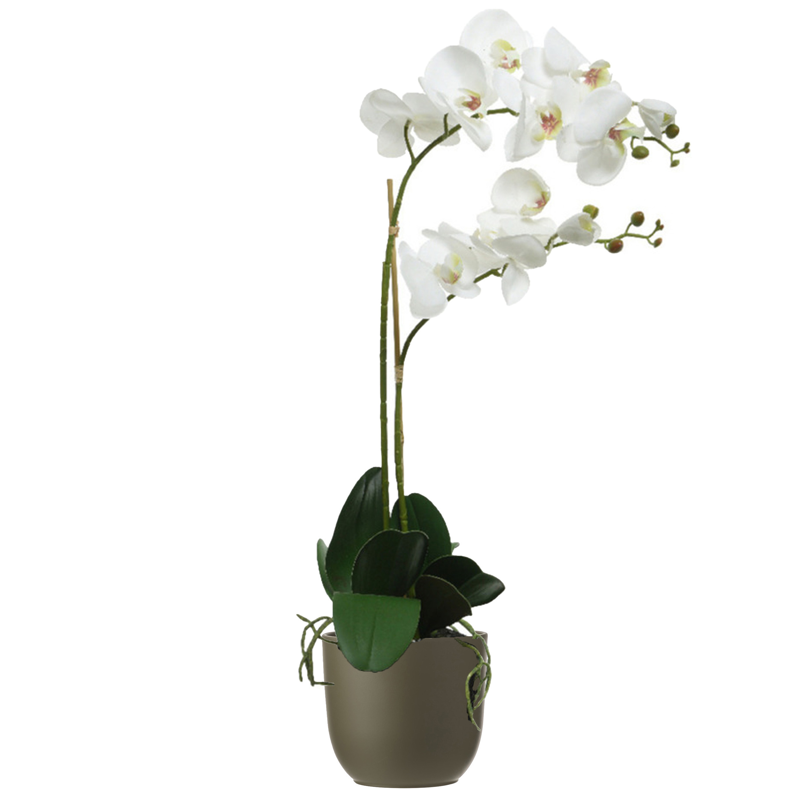 Orchidee kunstplant wit - 62 cm - inclusief bloempot olijfgroen mat - Kunstbloemen in pot