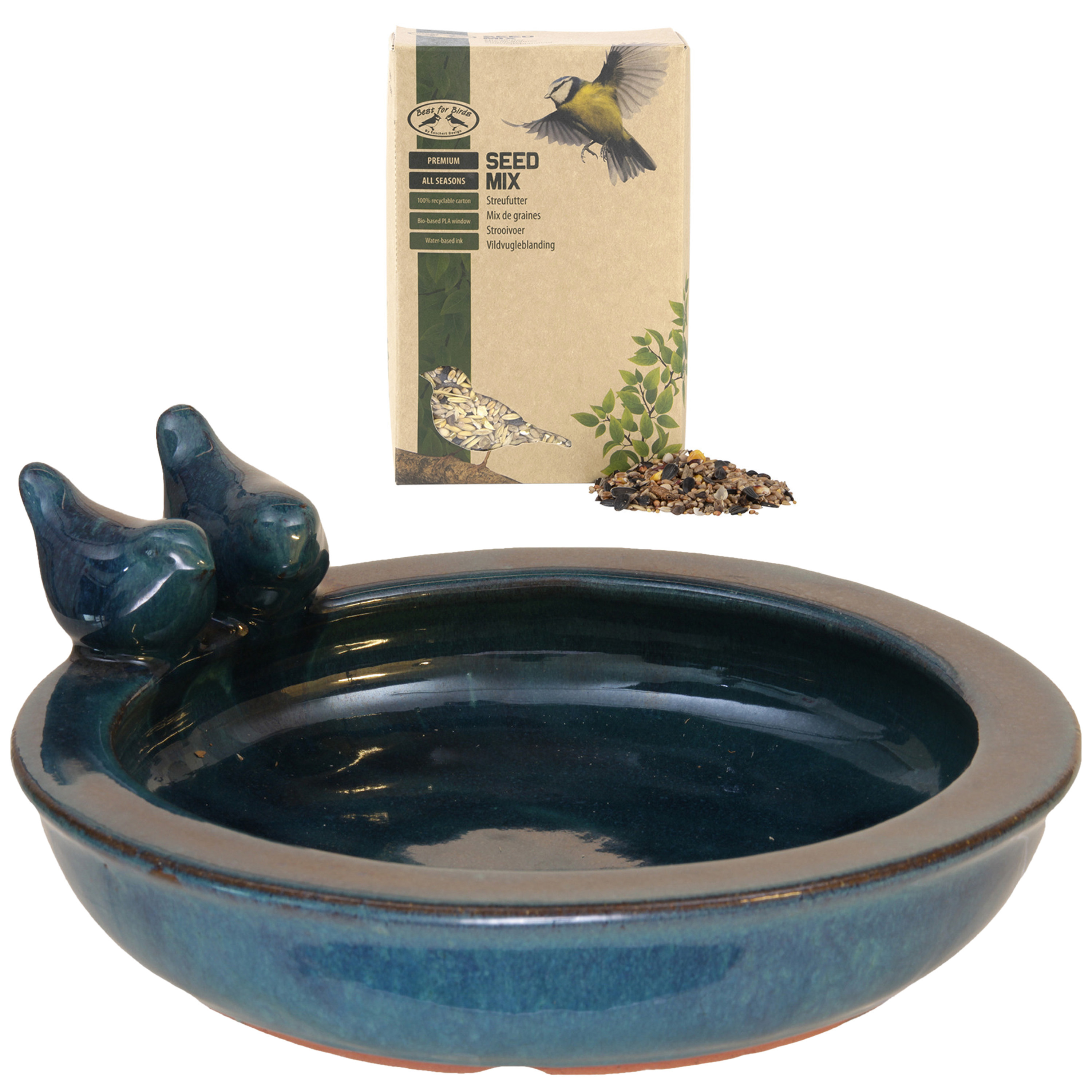 Othmar Decorations Vogelbad/voederschaal met vogelvoer - blauw - keramiek -