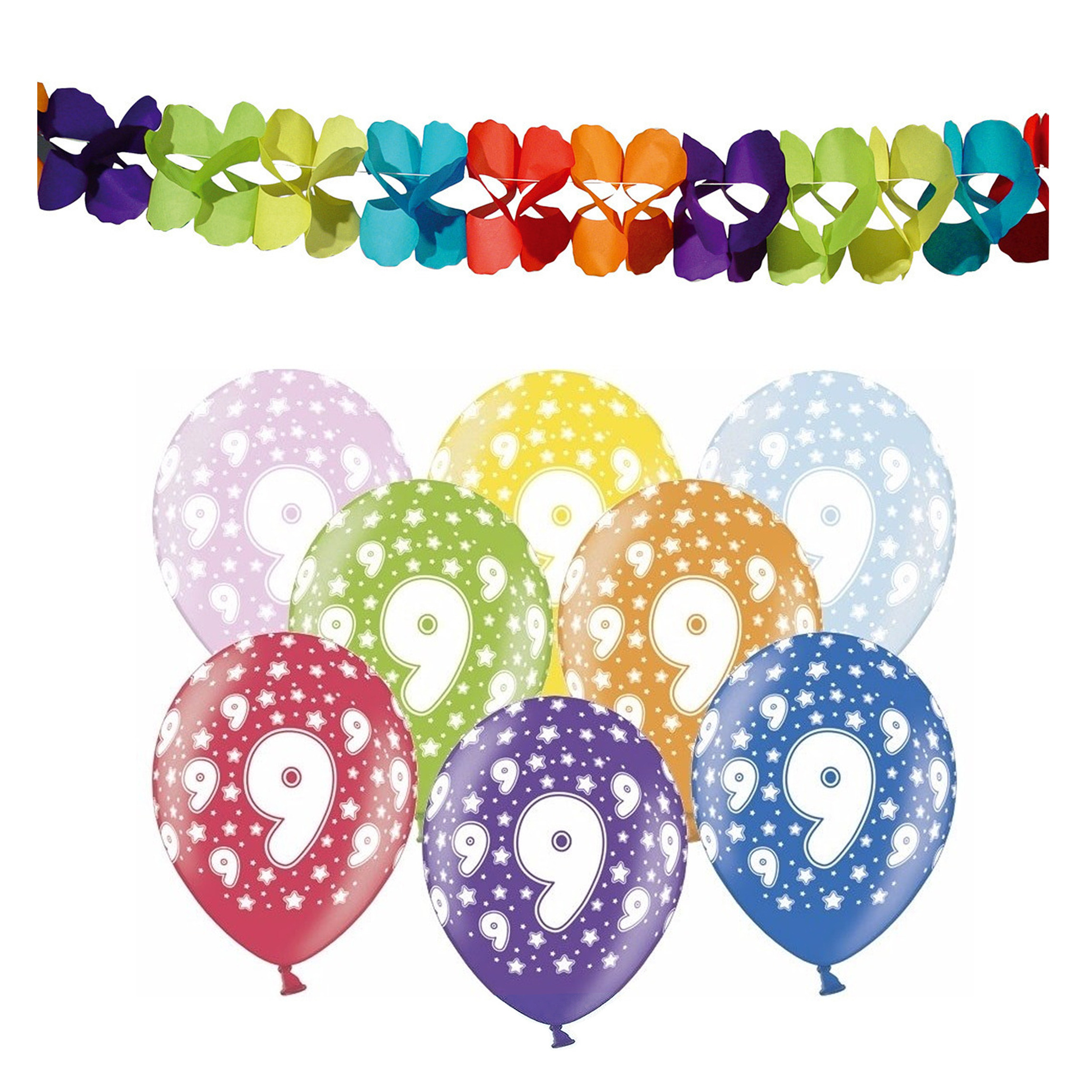Partydeco 9e jaar verjaardag feestversiering set - Ballonnen en slingers -