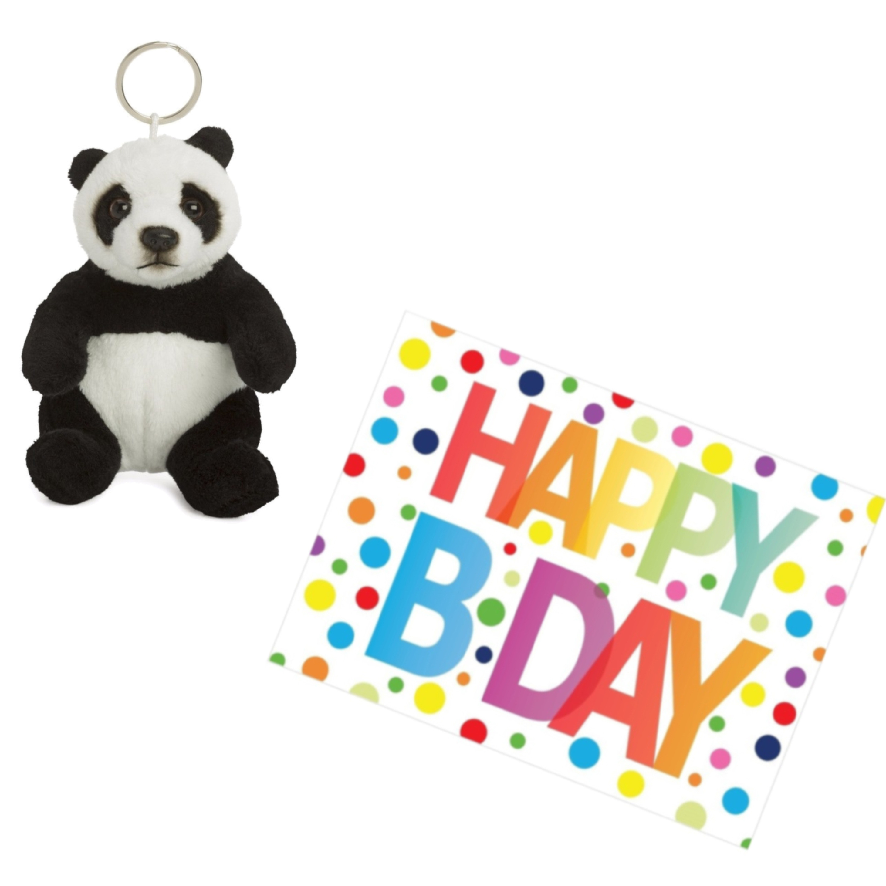 Pluche knuffel panda beer sleutelhanger 10 cm met A5-size Happy Birthday wenskaart - Verjaardag cadeau setje