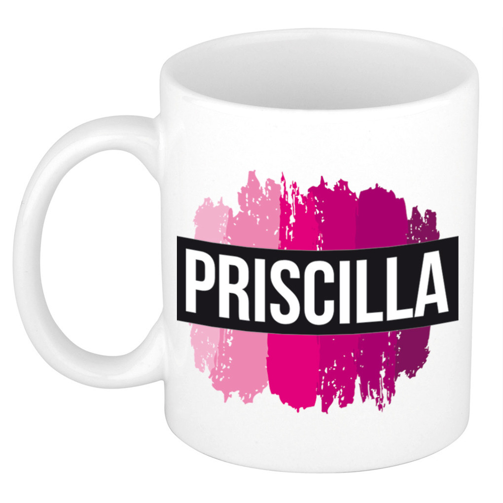 Priscilla naam / voornaam kado beker / mok roze verfstrepen - Gepersonaliseerde mok met naam