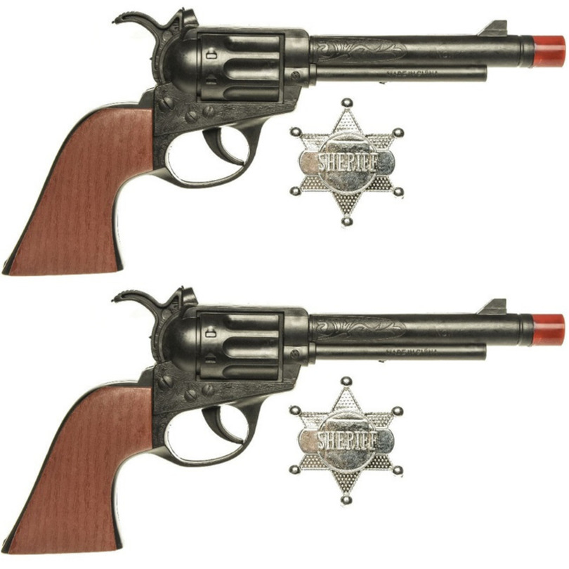 Set van 2x stuks speelgoed cowboy pistolen met sheriff ster 24 cm -