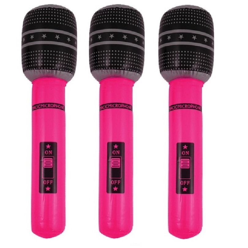 Set van 3x stuks opblaasbare microfoon neon roze 40 cm - Speelgoed microfoon - Popster verkleed accessoire - Feestartikelen