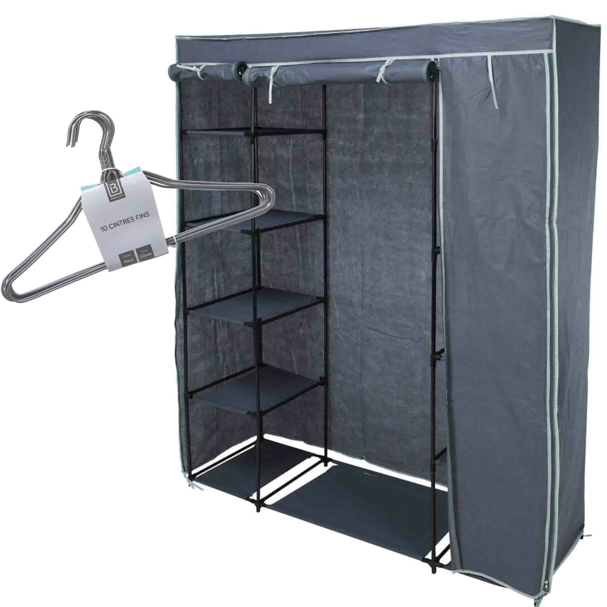 Set van mobiele kledingkast met kledinghangers - opvouwbaar - grijs