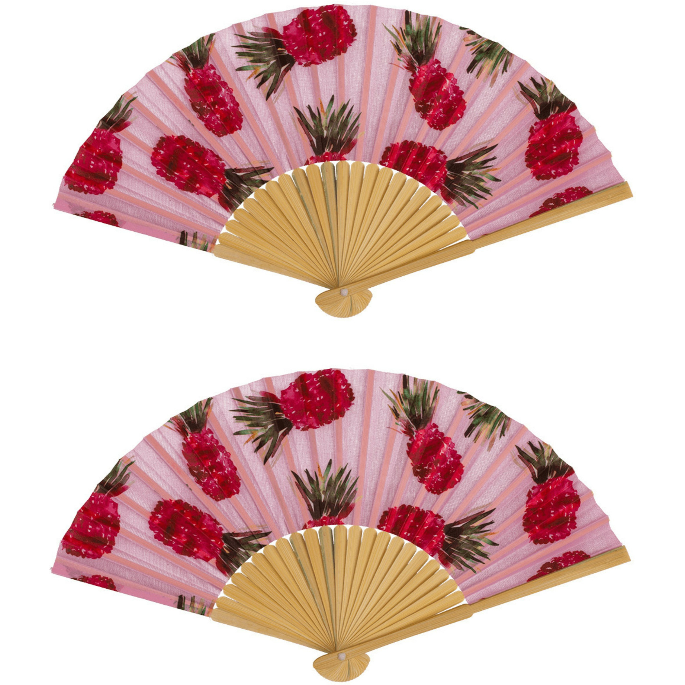 Spaanse handwaaier - 4x - Tropische zomer kleuren print roze ananas - bamboe/papier - 21 cm -