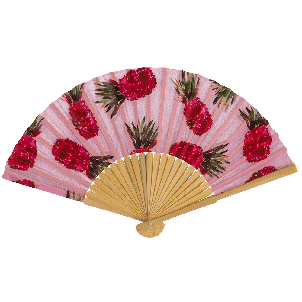 Spaanse handwaaier - Tropische zomer kleuren print roze ananas - bamboe/papier - 21 cm -