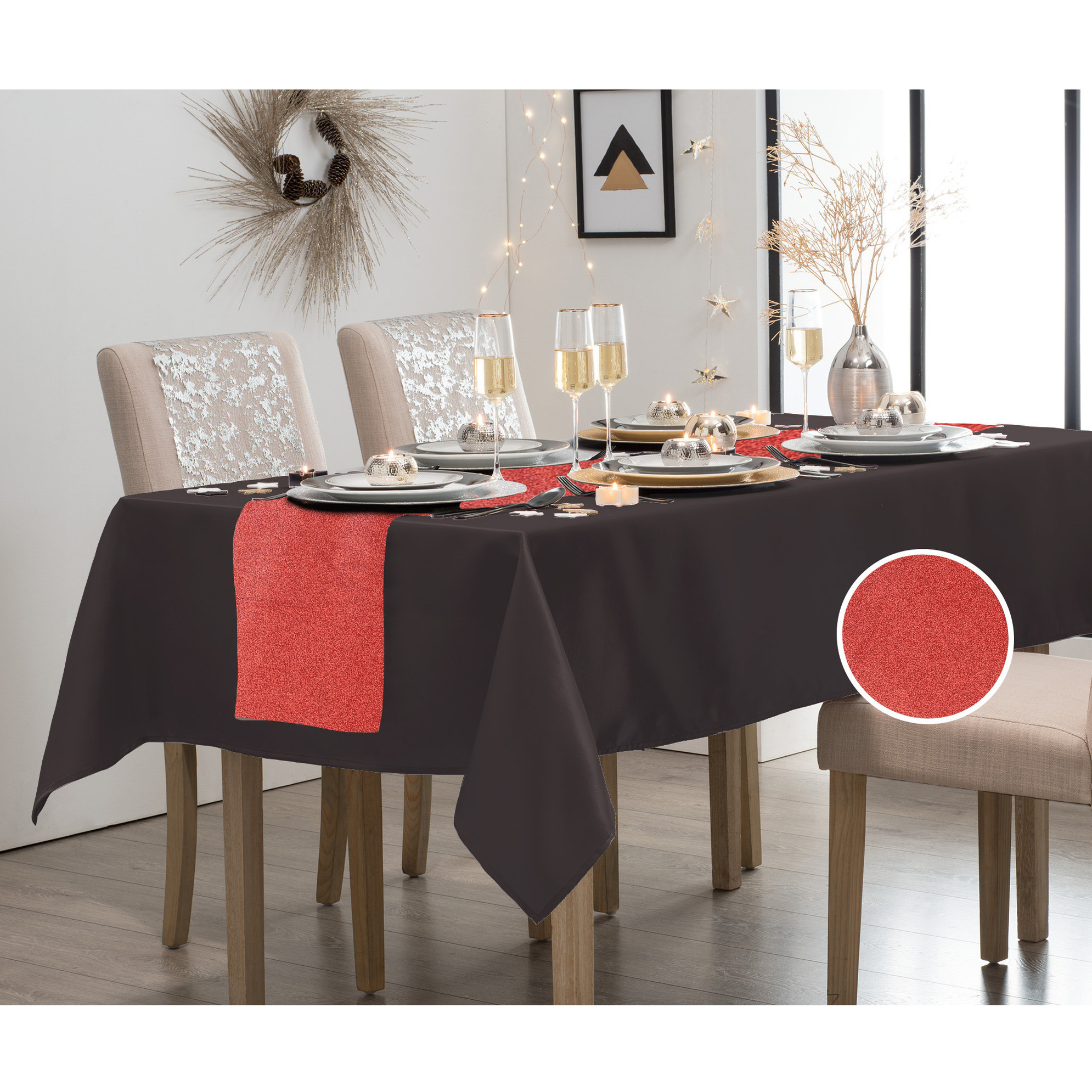 zwart polyester 140 x 240cm met tafelloper rood bestellen? | Shoppartners.nl