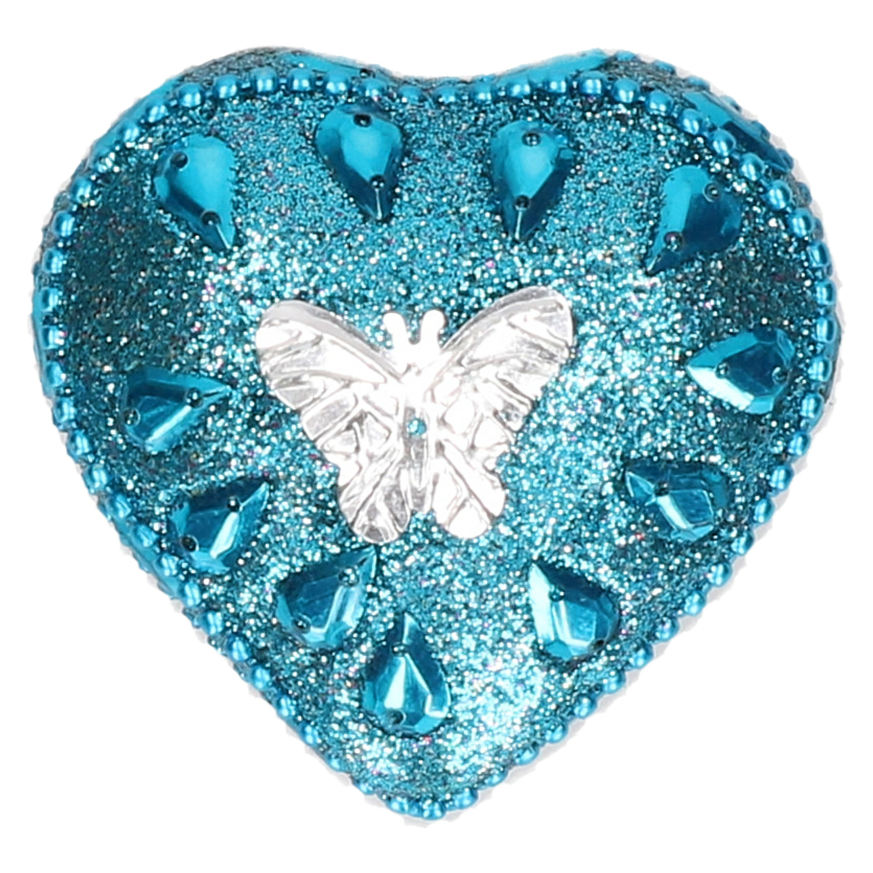 Tandendoosje - hartje/vlinder - turquoise blauw/zilver - kunststof - 6 cm -