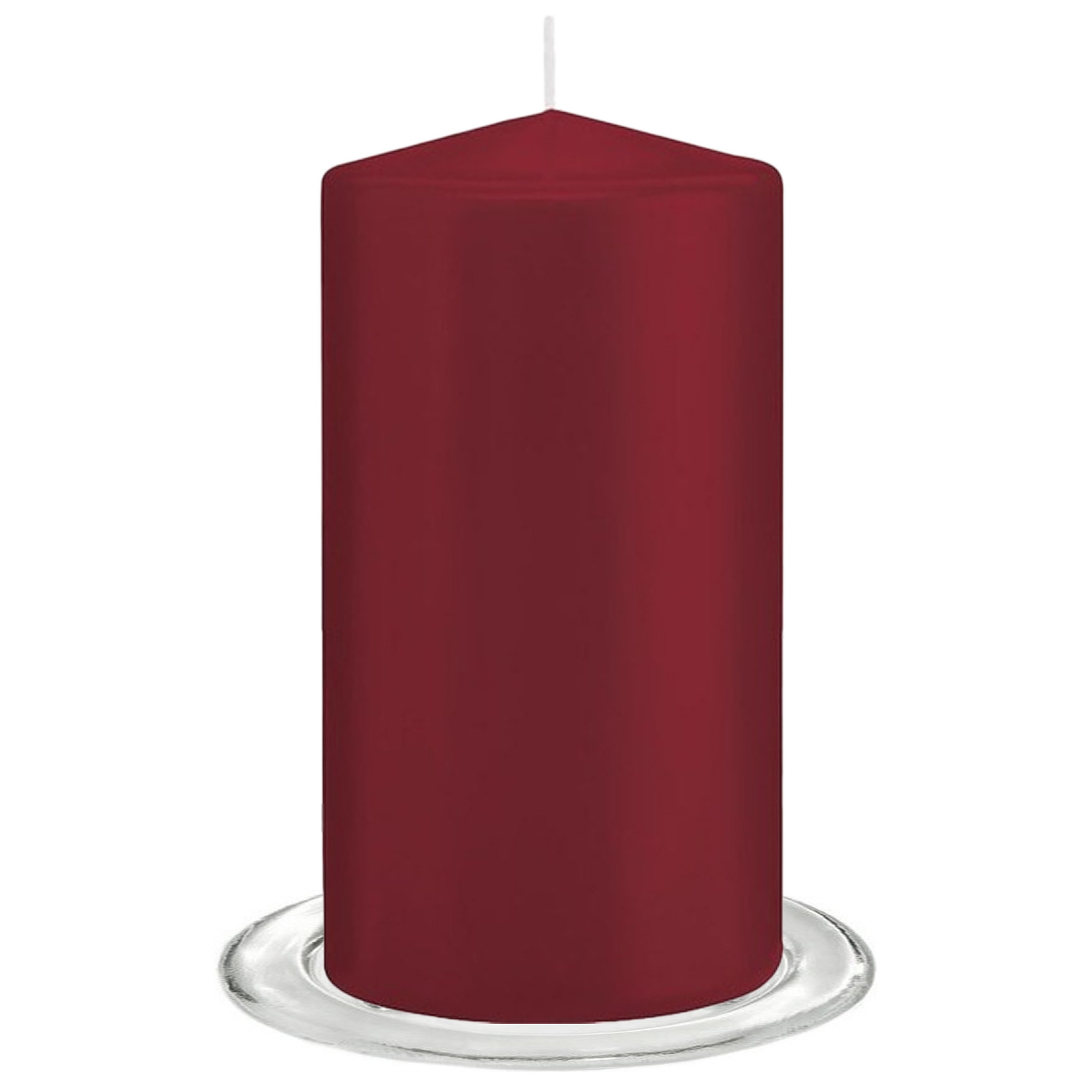 Trend Candles - Stompkaarsen met glazen onderzetters set van 2x stuks - bordeaux rood 8 x 15 cm -