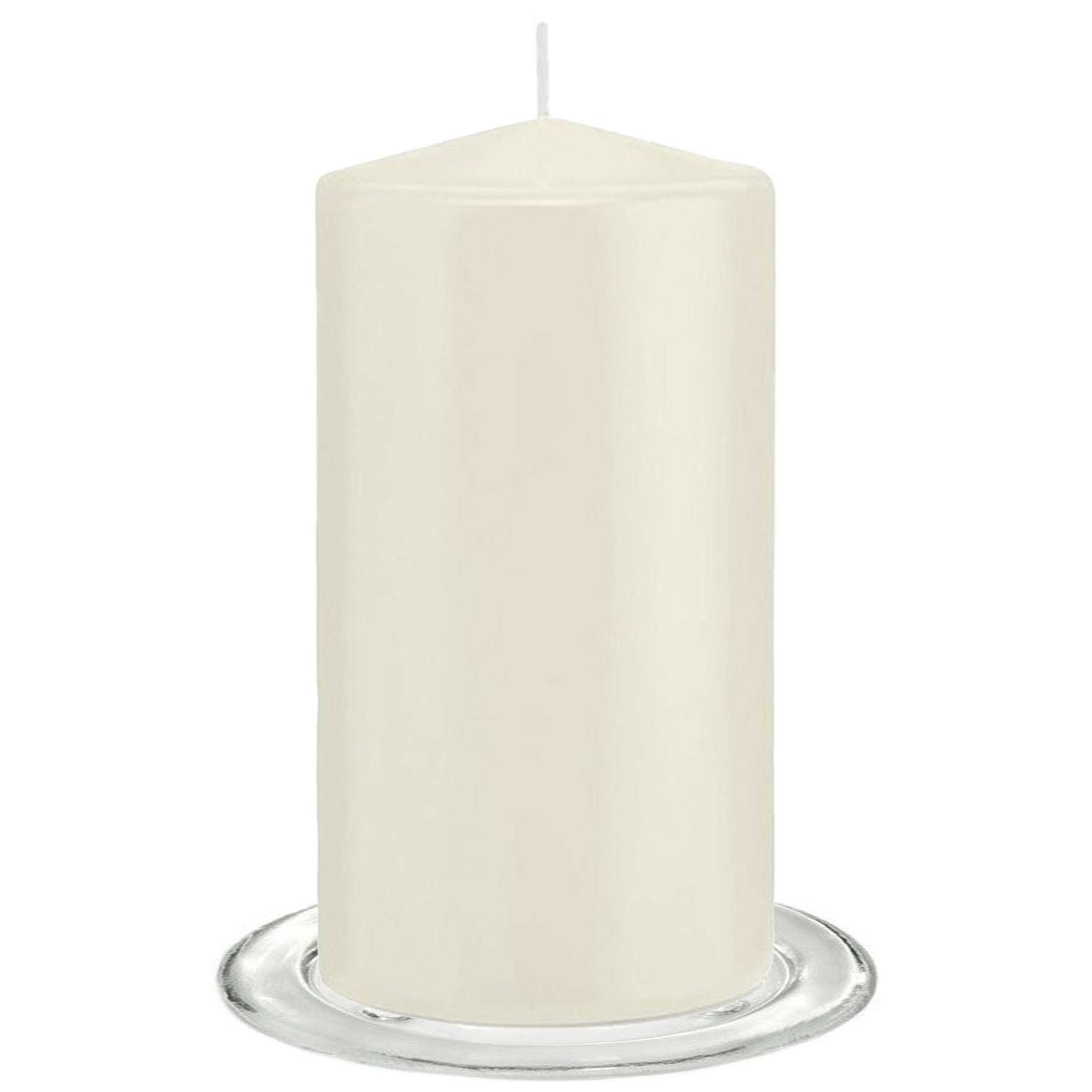 Trend Candles - Stompkaarsen met glazen onderzetters set van 2x stuks - ivoor wit 8 x 15 cm -