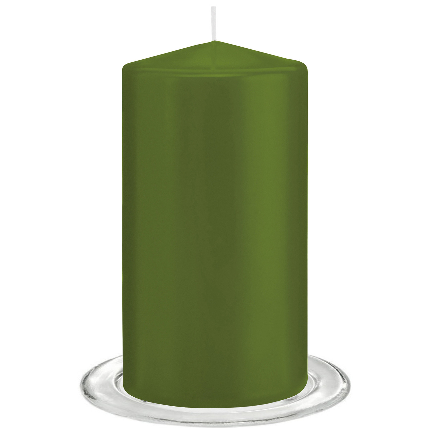 Trend Candles - Stompkaarsen met glazen onderzetters set van 2x stuks - olijfgroen 8 x 15 cm