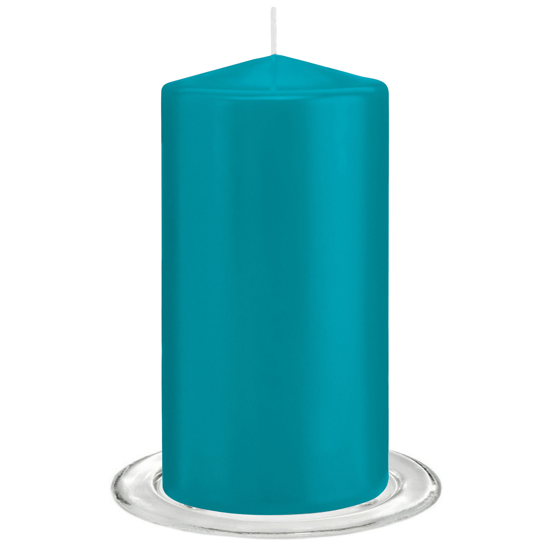 Trend Candles - Stompkaarsen met glazen onderzetters set van 2x stuks - turquoise blauw 8 x 15 cm