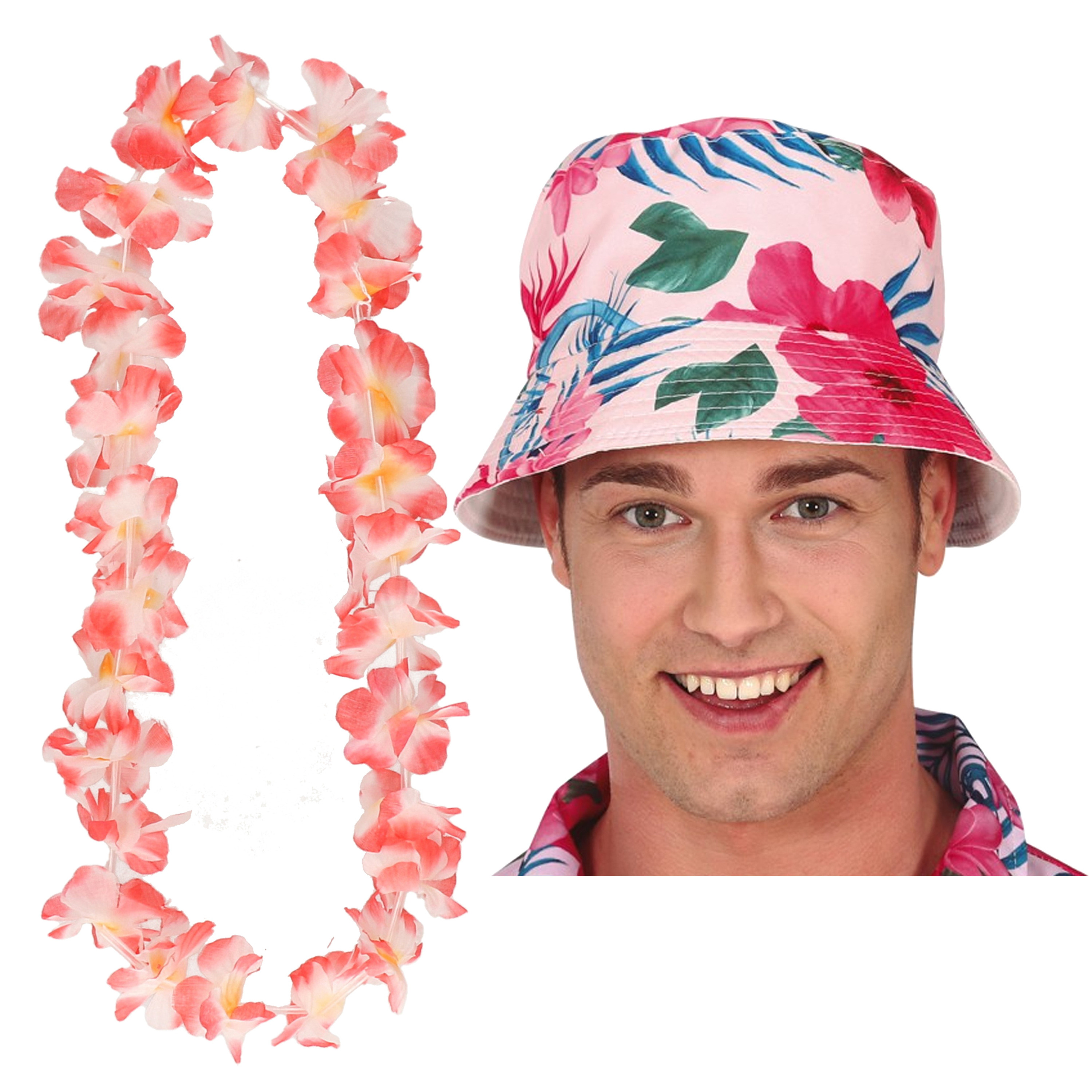 Tropische Hawaii party verkleedset - bucket hoedje - met bloemenslinger roze - volwassenen -