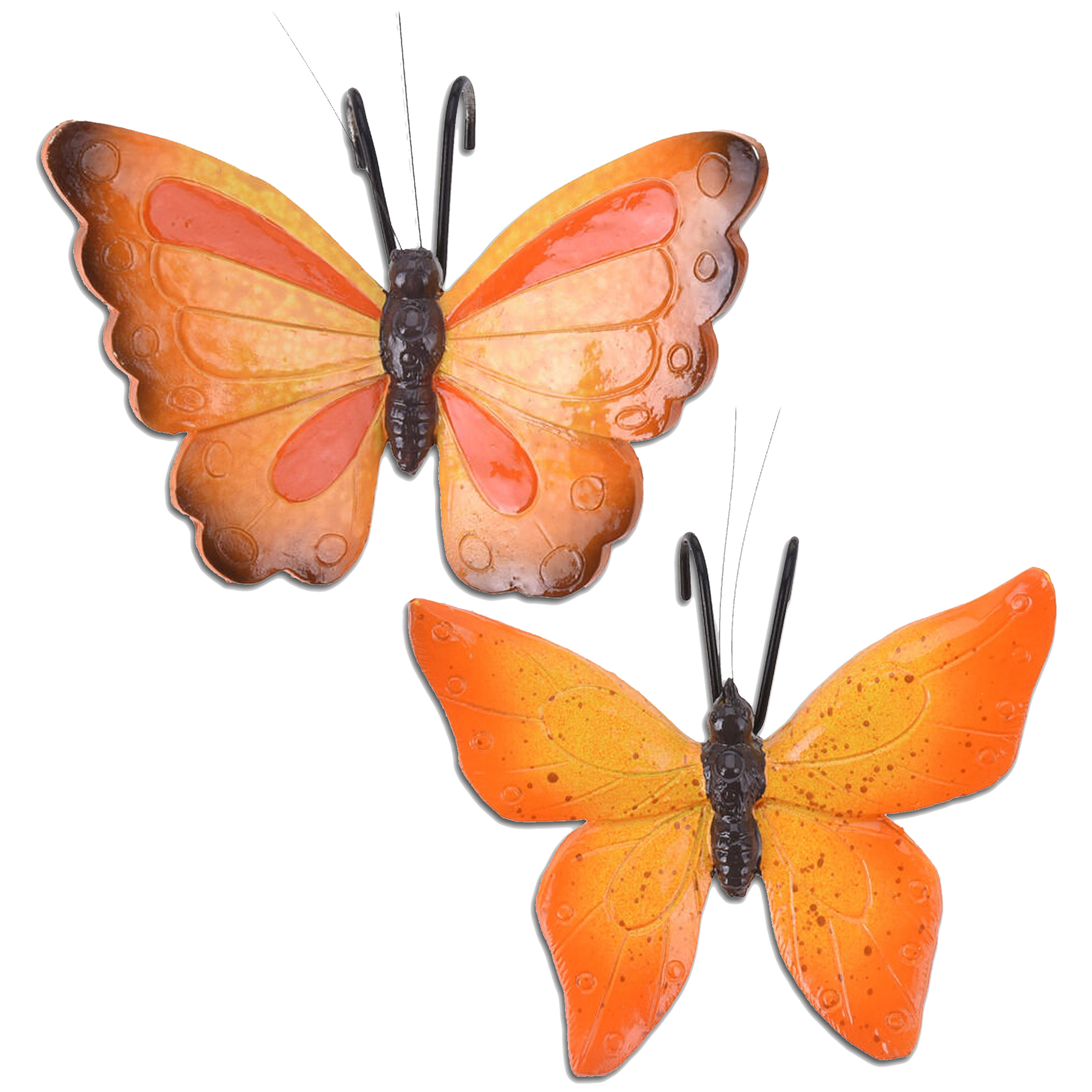 Tuindecoratie bloempothanger vlinder - set 2x - oranje/oranjerood - kunststeen - 13 x 10 cm