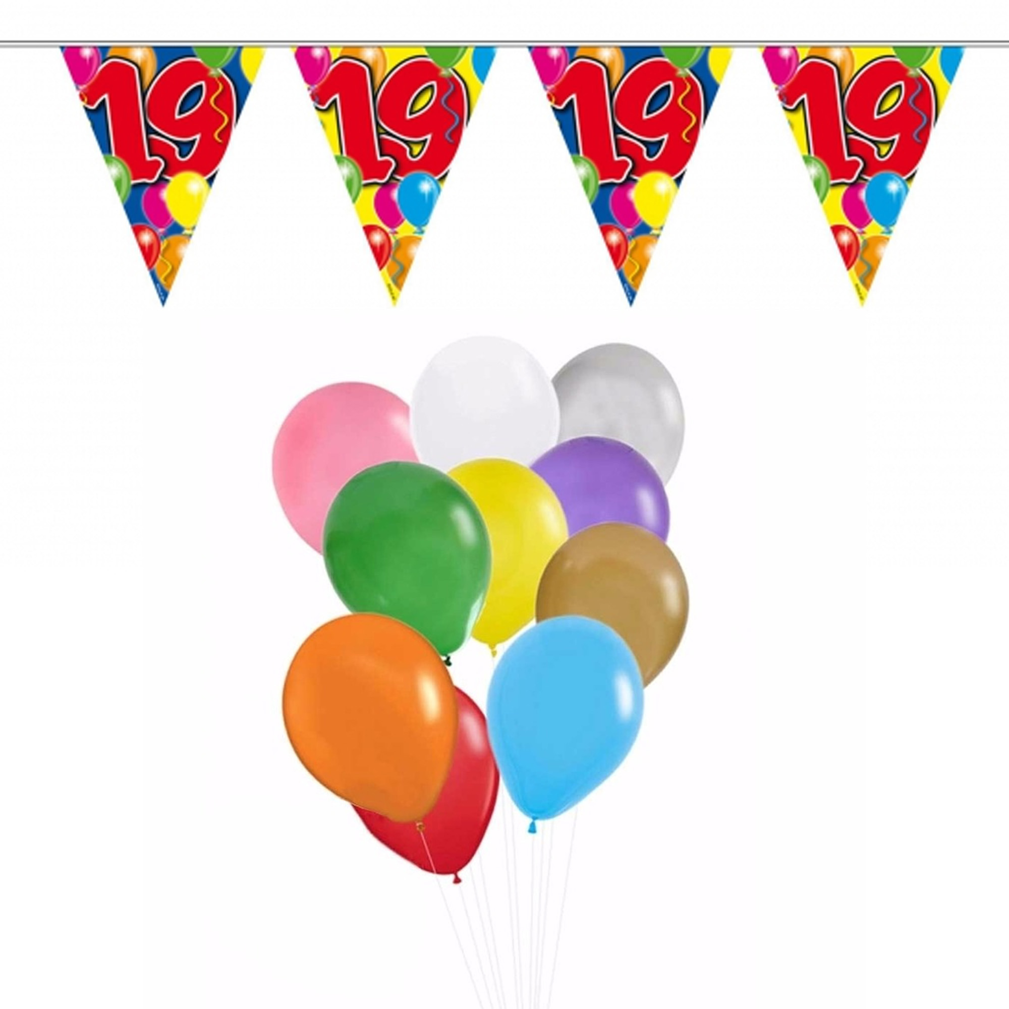 Verjaardag 19 jaar feest thema set 50x ballonnen en 2x leeftijd print vlaggenlijnen -