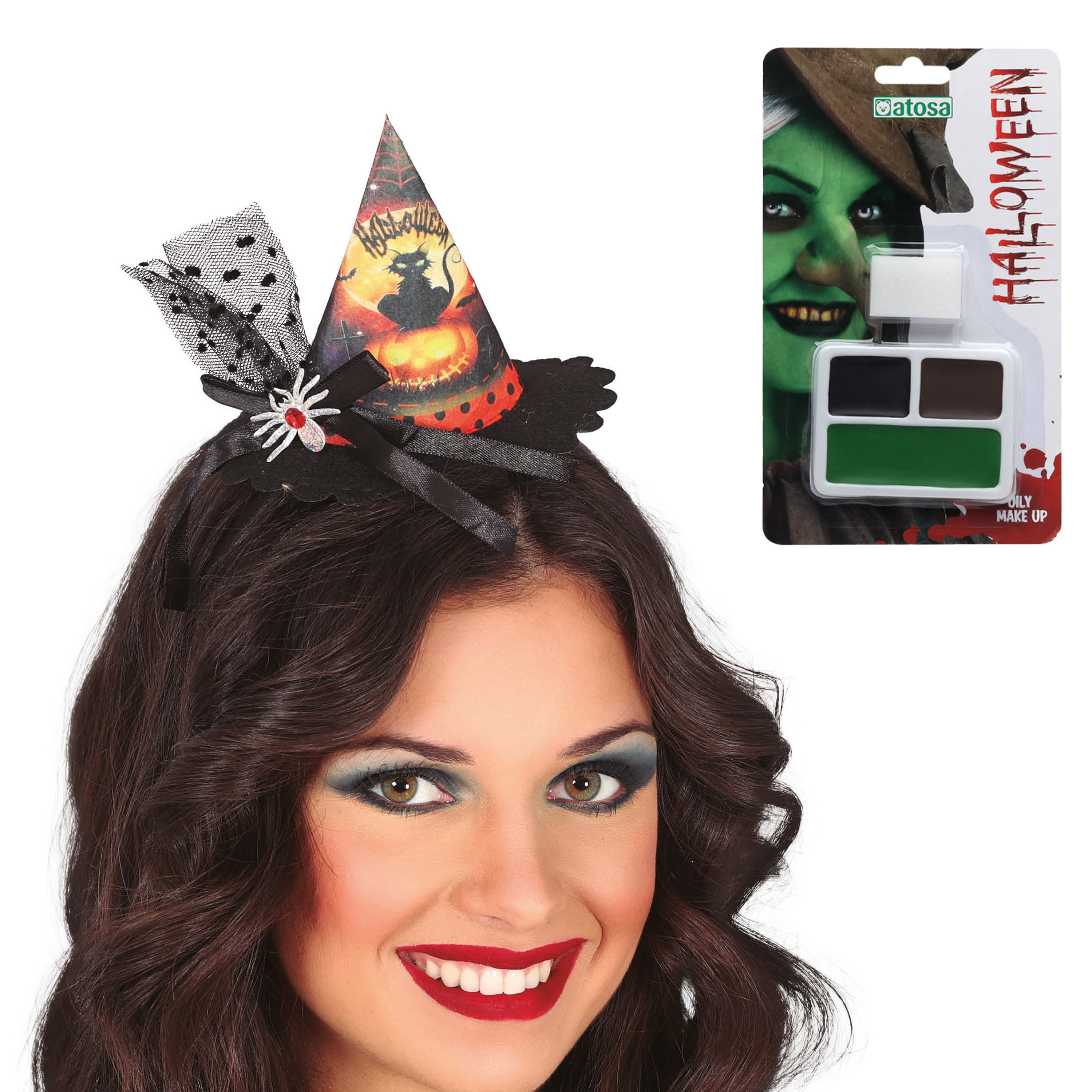 Verkleed setje heks - Mini hoed op diadeem en schmink setje - Carnaval/Halloween thema -