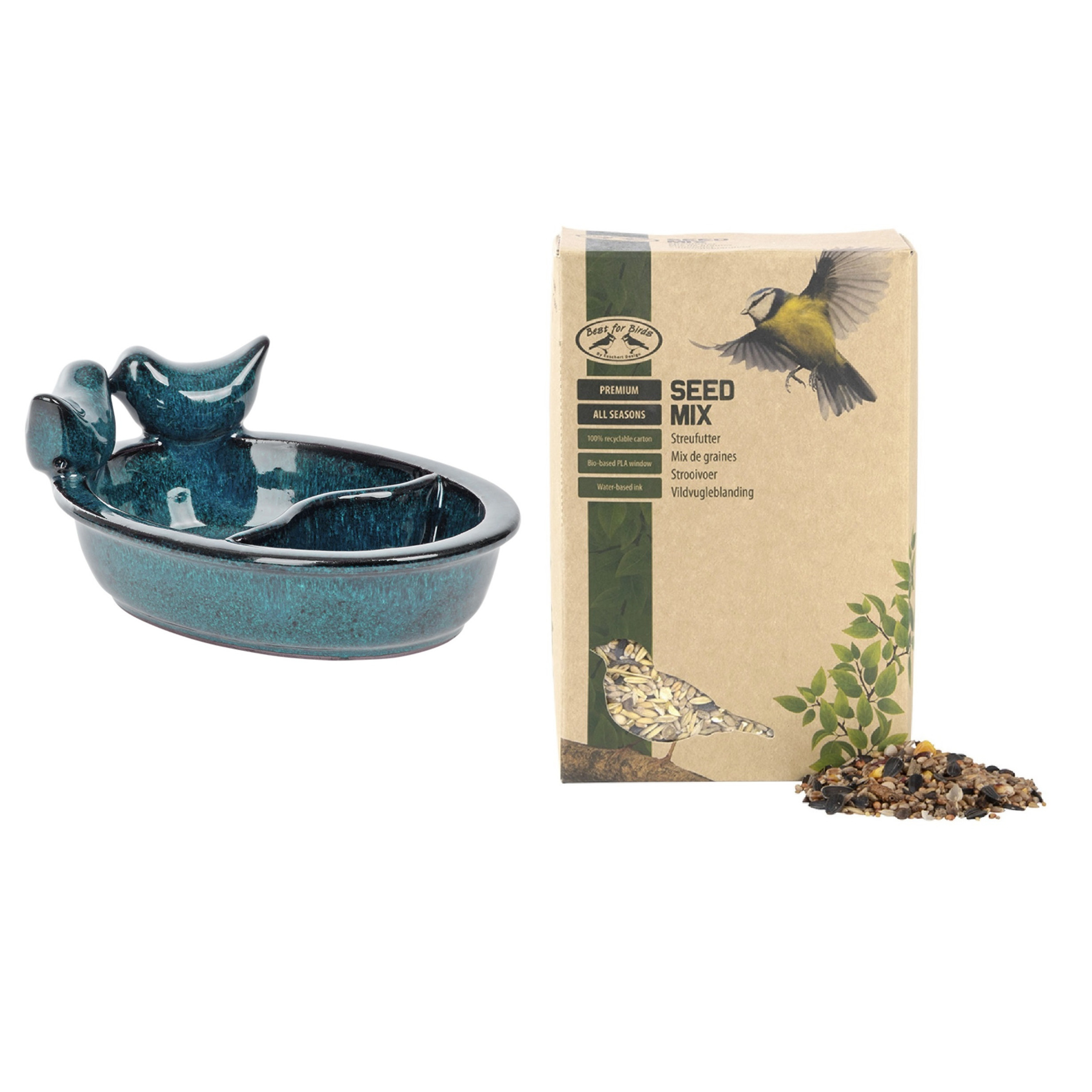 Vogelvoeder- en drinkschaal blauw keramiek 21 cm inclusief vogelvoer - Vogel voederstation - Vogelvoederhuisje