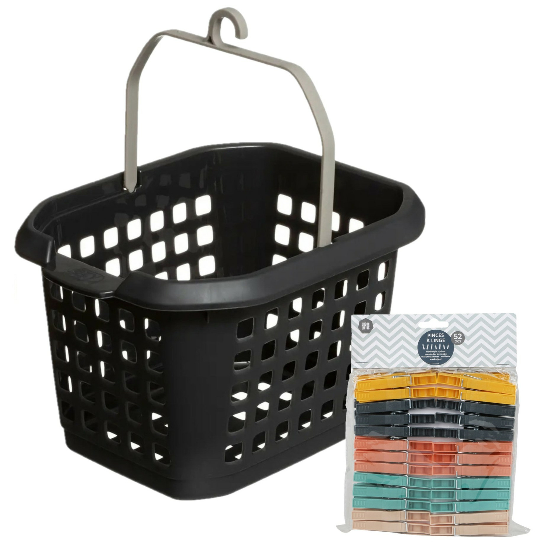 Wasknijpers ophang mandje/bakje - zwart - met 52x plastic knijpers -