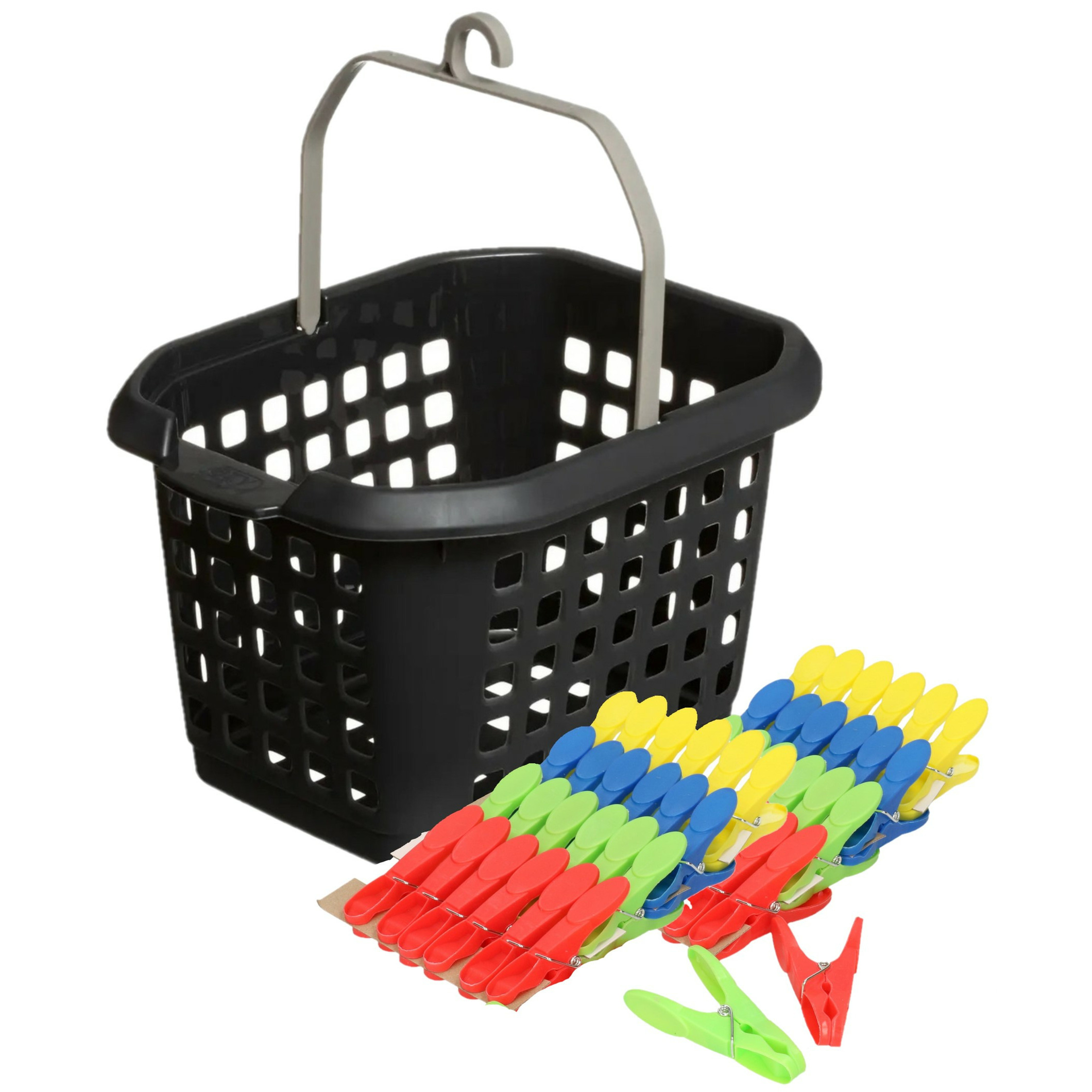 Wasknijpers ophang mandje/bakje - zwart - met 56x plastic soft grip knijpers -
