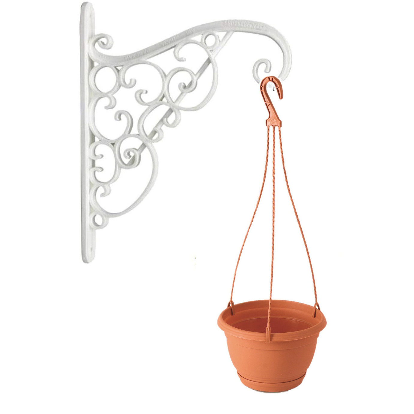 Witte sierlijke bloempothanger met hangende terracotta bloempot 1,2 liter -