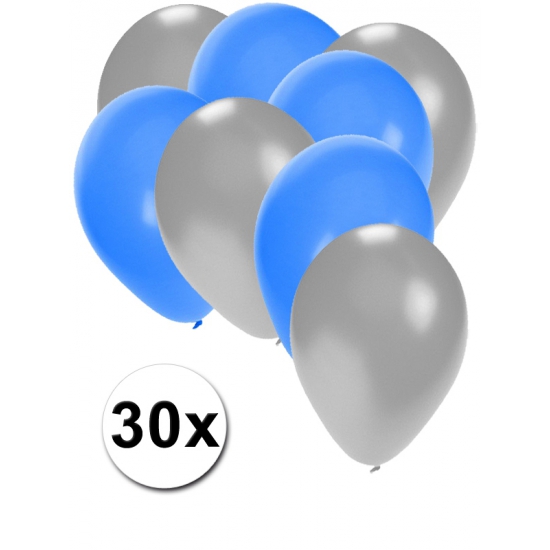 Zilveren en blauwe ballonnen 30 stuks -
