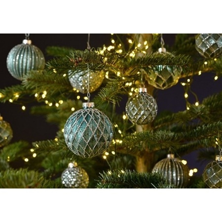 Kerstballen - groen met zilver - 12 stuks - glas - 8 cm