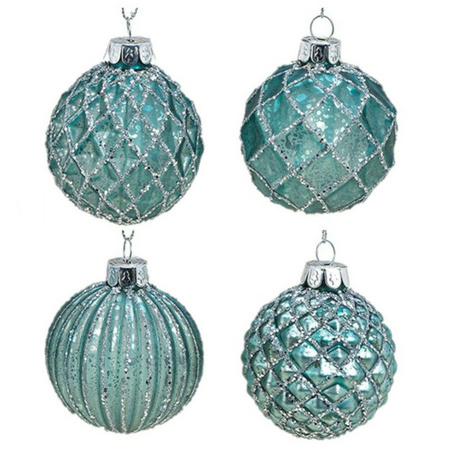 12x pcs luxury decorated glass christmas baubles turquoise blue 6 cm