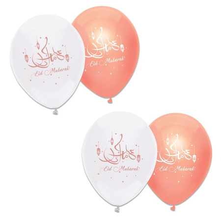 12x pieces Ramadan Mubarak theme balloons white/pink 30 cm