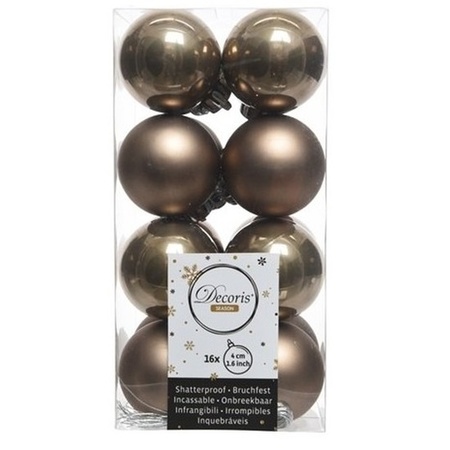 16x Kunststof kerstballen glanzend/mat kasjmier bruin 4 cm kerstboom versiering/decoratie