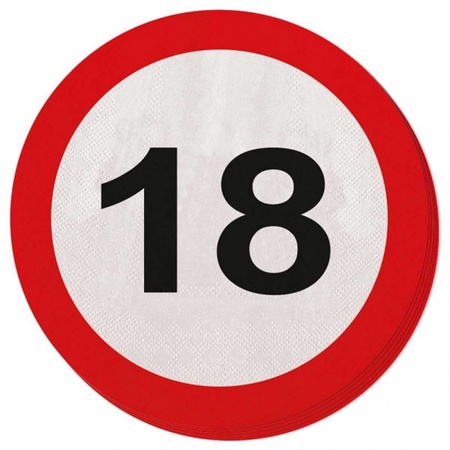 20x Achttien/18 jaar feest servetten verkeersbord 33 cm rond verjaardag/jubileum