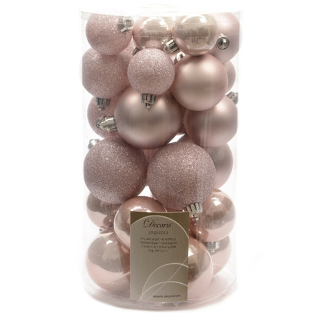 Christmas baubles - 60x - light pink/black- 4/5/6 cm - plastic
