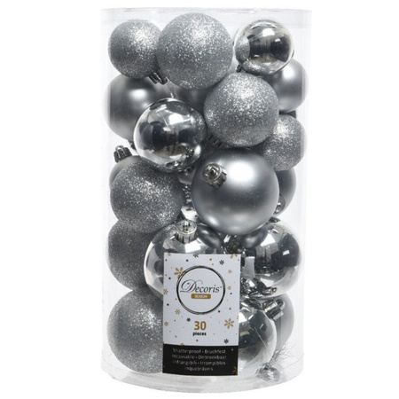 Christmas baubles - 60x - silver/black- 4/5/6 cm - plastic