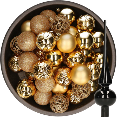 37x stuks kunststof kerstballen 6 cm goud incl. glazen piek glans zwart