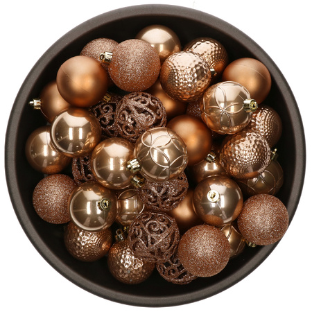 Kerstballen - 74x stuks - wol wit en camel bruin - 6 cm - kunststof
