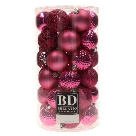 Decoris kerstballen - 74x st - fuchsia roze en ijsblauw - 6 cm - kunststof