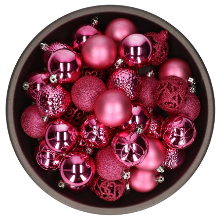 37x stuks kunststof kerstballen fuchsia roze 6 cm glans/mat/glitter mix