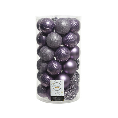 Kerstballen - 74x stuks - wol wit en lila paars - 6 cm - kunststof